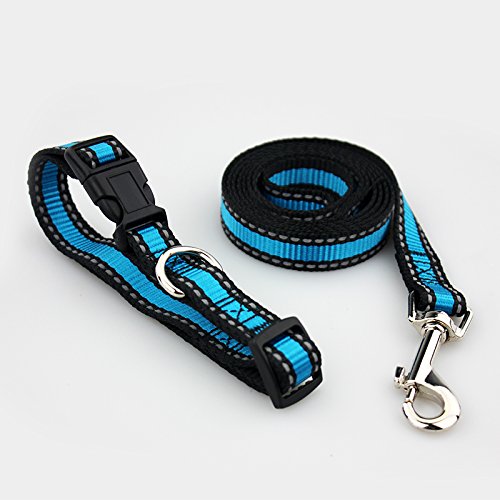 [Australia] - PetsCaptain Reflective Dog Leash and Collar Set, Small & Medium Size Leash 1" x 48"; Collar 1" x Neck Size 14" ~ 22 Blue Black 