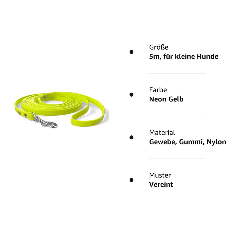 5m drag leash, dog leash, hand strap, neon yellow, extra narrow, dirt and water repellent 5m, for small dogs neon yellow - PawsPlanet Australia