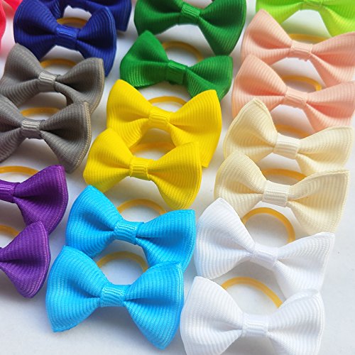 Chenkou Craft New 40pcs(20pairs) Puppy Yorkie Dog Hair Bow Pure Ribbon with Rubber Band 40mm Pet Grooming Products Mix Colors Varies Patterns Pet Hair Bows (Pure Ribbon Rubber Bow) - PawsPlanet Australia