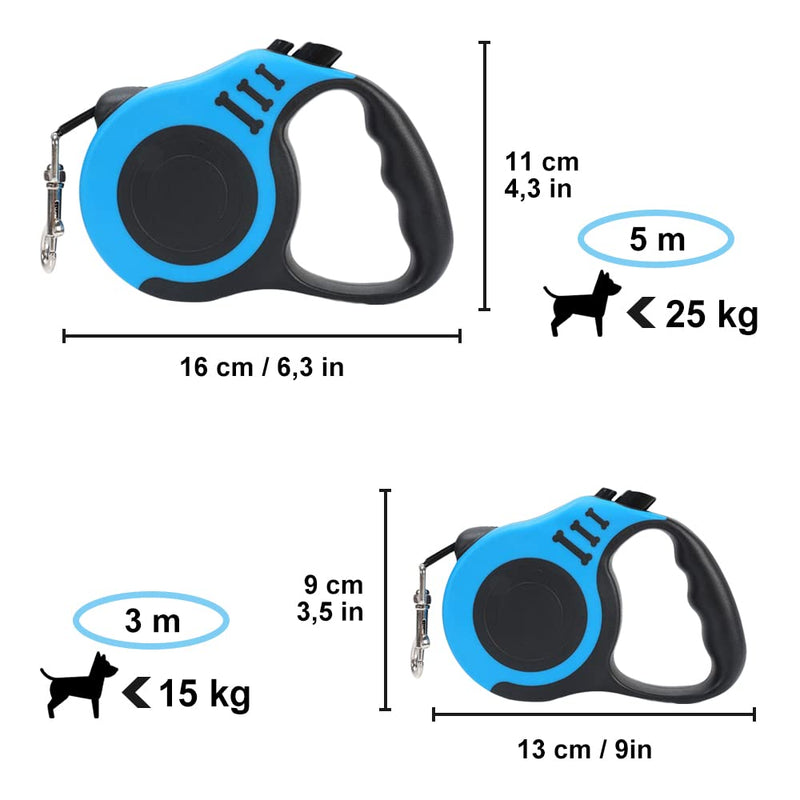Dog leash, retractable dog leash, extendable dog leash, for small, medium and large dogs, blue, 5 m - PawsPlanet Australia