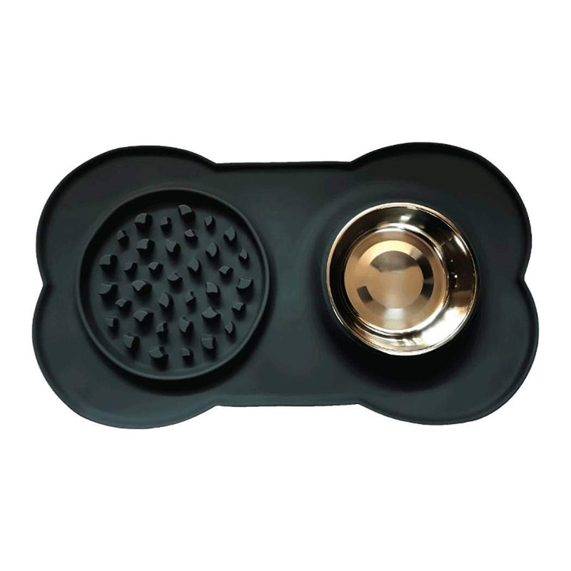 [Australia] - ALBOLET Double Dog Feeding Station, Dog Slow Feeder mat with Stainless Steel Bowl, No Spill Non-Skid Silicone Mat Pet Feeder Bowl for Dogs,Black 