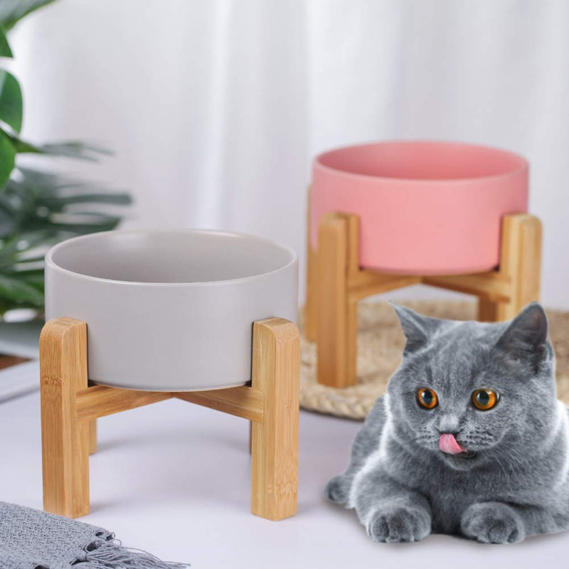 HCHLQLZ Ceramic Elevated Raised Cat Bowl with Wood Stand No Spill Pet Food Water Feeder Cats Small Dogs Grey - PawsPlanet Australia