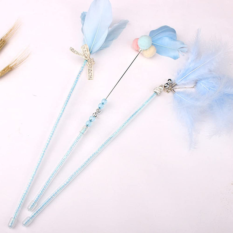 Cat Wands 3 PCS Cat Teaser Wands Cat Feather Toys with Loud Bell Interactive Cat Toys for Cat and Kitten (Blue) Blue - PawsPlanet Australia