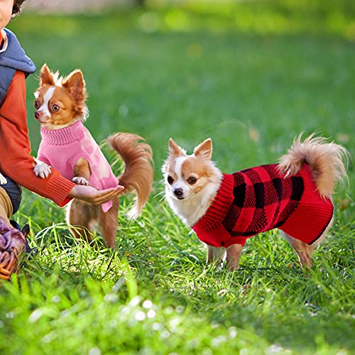 Dasior Pet Dog Sweater, Soft Turtleneck Knitted Plaid Stretch Pullover, Warm Knitwear Winter Clothes X-Small Pink - PawsPlanet Australia