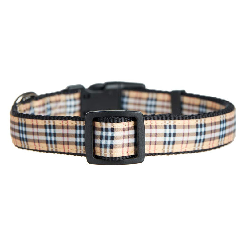 YUDOTE Adjustable Black Nylon Dog Collars Small with Tartan Plaid Begie Ribbon for Puppies Little Dogs Neck 25-38cm S (Pack of 1) - PawsPlanet Australia