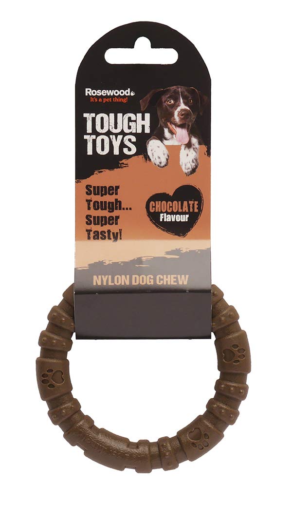 Rosewood small tough and durable chew and teething ring shaped dog toy for all small dogs and puppies made of tough nylon material, Chocolate flavoured and scented, brown - PawsPlanet Australia