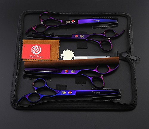 [Australia] - TPC 7.0 Inch Pet Grooming Scissors Set Professional Japan 440C Dog Shears Hair Cutting +2 Curved+ Thinning Scissors with Leather Bag Purple 