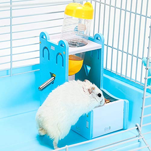 JUILE YUAN 2in1 Hamster Feeder, Little Pet Automatic Drinking Bottle with Food Container Base Hut Hanging Water Feeding Bottles Auto Dispenser for Guinea Pig, Squirrel, Rabbit, Chinchillas Blue - PawsPlanet Australia