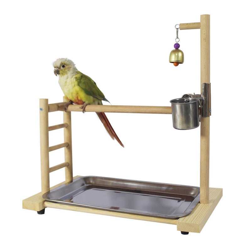 [Australia] - QBLEEV Birdcage Stands Parrot Play Gym Wood Conure Playground Bird Cage Stands Accessories Birdhouse Decor Table Top PlayStand with Ladder Stainless Steel Feeder Cup Tray for Small Medium Parakeets Ca 