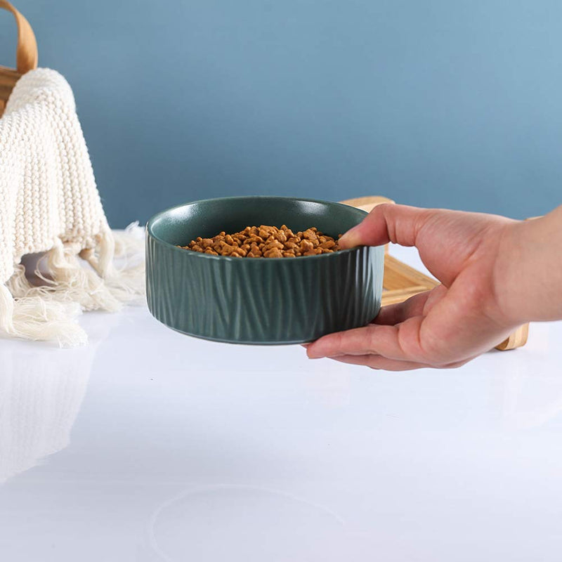 HCHLQLZ Green 5 inch Ceramic Cat Bowl with Wood Stand No Spill Pet Food Water Feeder Cats Small Dogs - PawsPlanet Australia