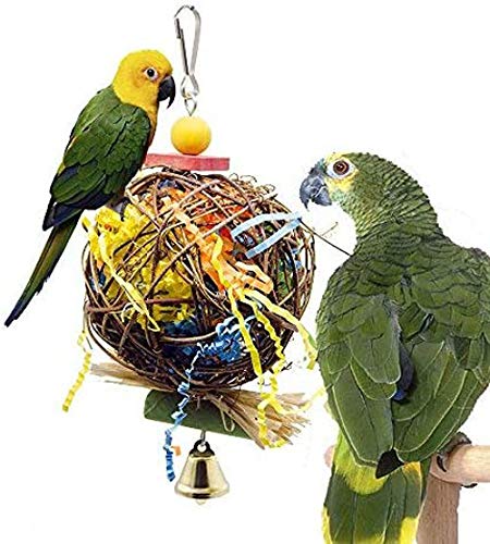 Wonninek 2 Pack Bird Chewing Toy Natural Rattan Ball Come with Paper Strips Foraging Shredder Toy Parrot Cage Hanging Bell Toy for Parrot Budgie Parakeet Cockatiel - PawsPlanet Australia