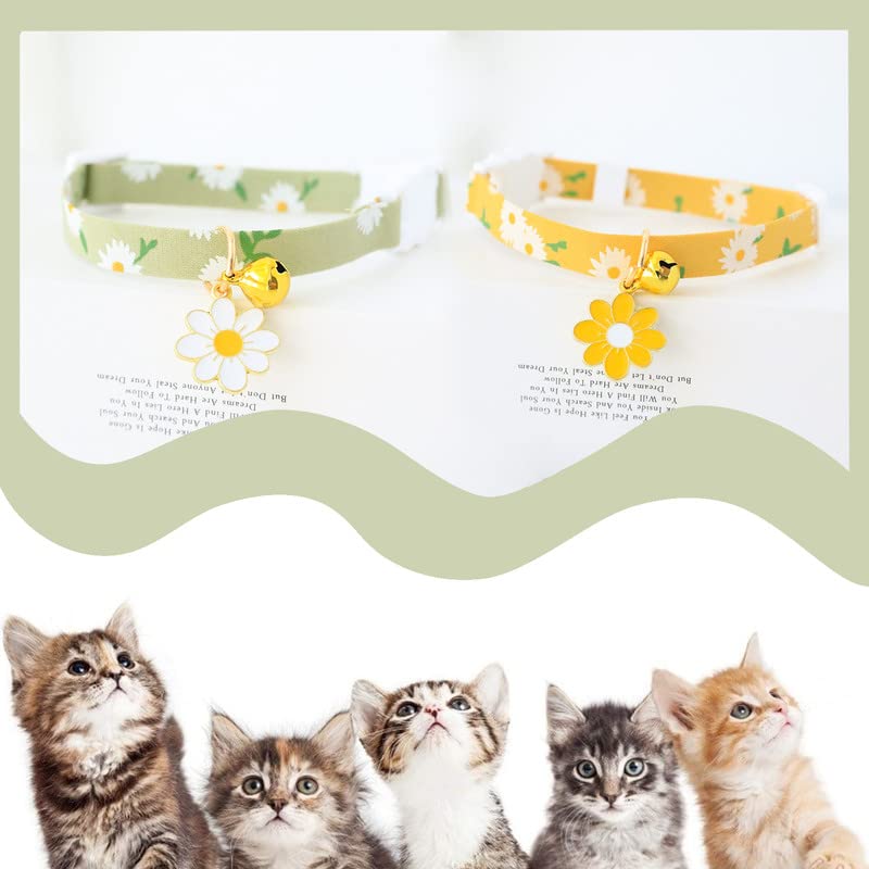 XIXKOLYU 2 Pack Cotton Breakaway Cat Collar with Bell, Yellow & Green Flowers Pendant Cute Cat Collar Kitten Collar, Ideal for Girl Cats Boy Cats Yellow + Green - PawsPlanet Australia