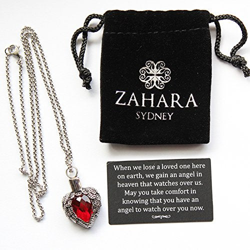 [Australia] - Zahara Memorial Urn Necklace (20 Inches) with Velvet Pouch & Fill Kit | Ruby Angel Heart Pendant and Chain (Nickel Free) 