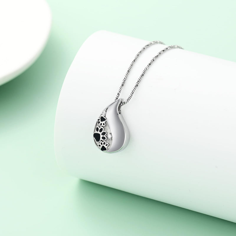 Yinplsmemory Pet Paw Print Teardrop Urn Necklace for Ashes for Dog/Cat Ashes Keepsake Memorial Cremation Pendant Jewelry for Pet Silver - PawsPlanet Australia