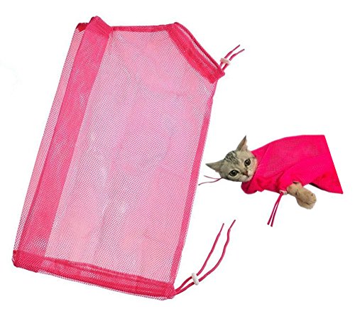 [Australia] - TECH-P Creative Life Adjustable Multifunctional Polyester Cat Washing Shower Mesh Bags Pet Nail Trimming Bags-Pink 