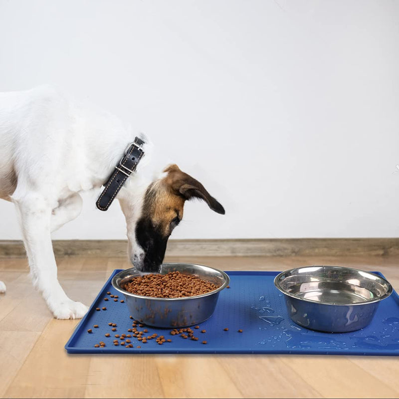 Mofason Pet Food Mat Waterproof Dog Mat XL (24x16) or L (20"x13") – 0.5 inch Raised Edge, Dog Cat Silicone Feeding Placemat Water Bowl Tray for Floors, Nonslip Washable Dog Mat for Food and Water Large - 24 x 16 inches Blue - PawsPlanet Australia
