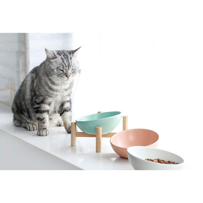 HCHLQLZ White Ceramic Tilted Elevated Raised Pet Bowl with Wood Stand for Cats and Dogs No Spill Pet Food Water Feeder Small - PawsPlanet Australia