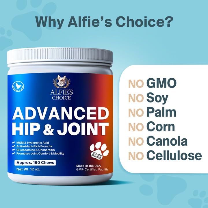 ALFIE'S CHOICE Hip and Joint Chews for Dogs - Advanced Joint Support Supplement with Glucosamine, Chondroitin, Turmeric & Hemp – Chicken Flavor Soft Chews for Dogs - 12 oz, Appx 160 Count - PawsPlanet Australia