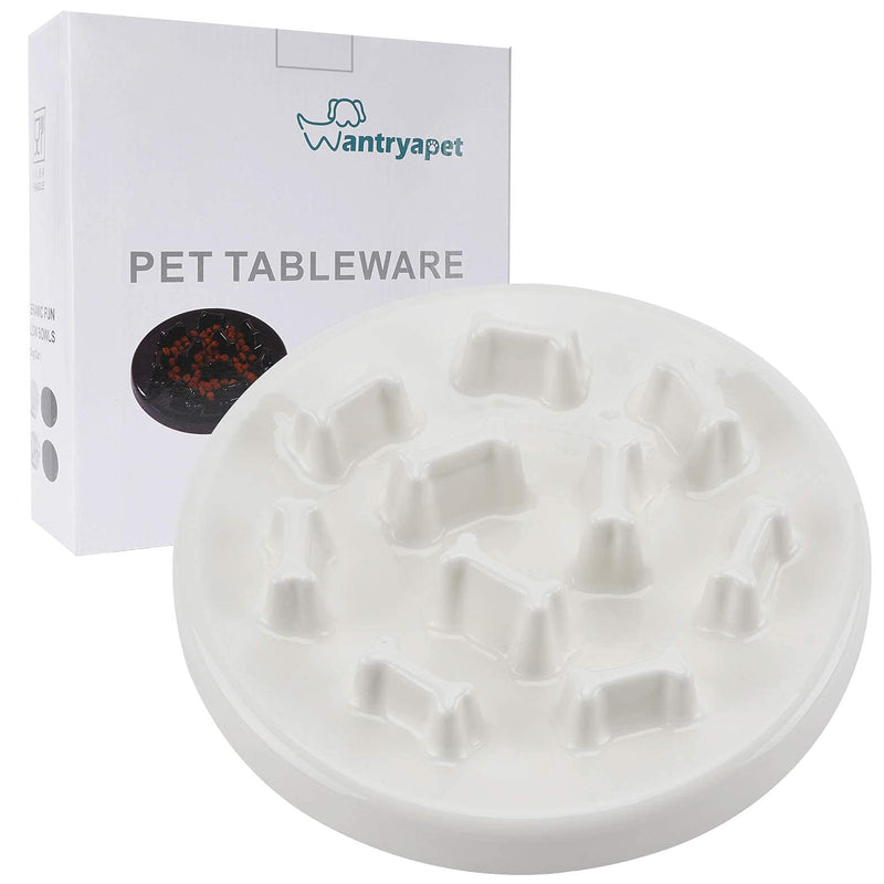 WANTRYAPET Dog Feeder Slow Bowl + Non-Slip Dog Bowl Mats, Ceramic Fun Slow Feed Interactive Bloat Stop Dog Bowl, Eco-Friendly Durable Preventing Choking Healthy Design Bowl for Dog Pet Slow Feeder Bone White - PawsPlanet Australia