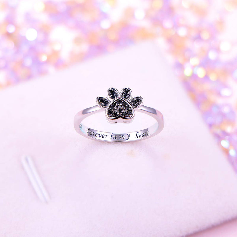 S925 Sterling Silver Jewelry Engraved Forever in my heart Puppy Dog Cat Pet Paw Print CZ Ring Black 7 - PawsPlanet Australia