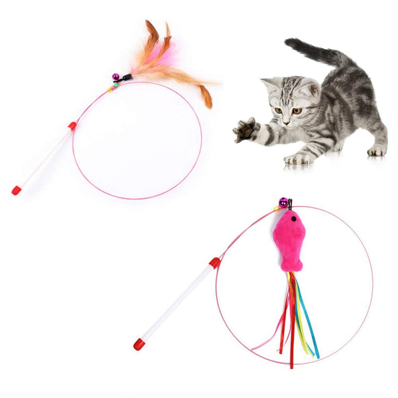 No Branded Mokinga Cat Wand Ribbon,Cat Wand, 2PCS Feathered Steel Wire Lengthened Hand-made Funny Cat Stick, Plastic Cat Toy with Spring (Style: Small Fish, Feather) - PawsPlanet Australia