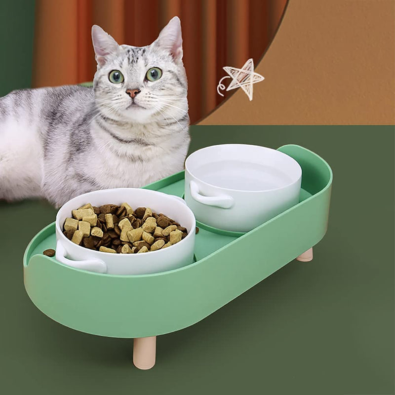 Elevated Dog Cat Bowls, Ceramics Dog Cat Food Bowl, Raised Dog Cat Water Bowls Stand with No-Spill Design, 5 inches Ceramic Bowl with Handle for Medium and Small Size Dog Cats (Green) Green - PawsPlanet Australia