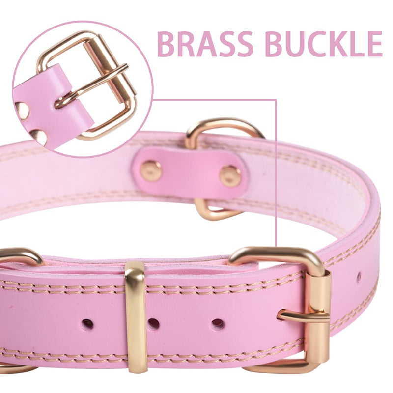 Extra Thick Premium Genuine Leather Dog Collar, Adjustble Heavy Duty Dog Collars for Small Medium & Large Breed Dogs(Pink) (S) S (Neck 29-39cm) Pink - PawsPlanet Australia