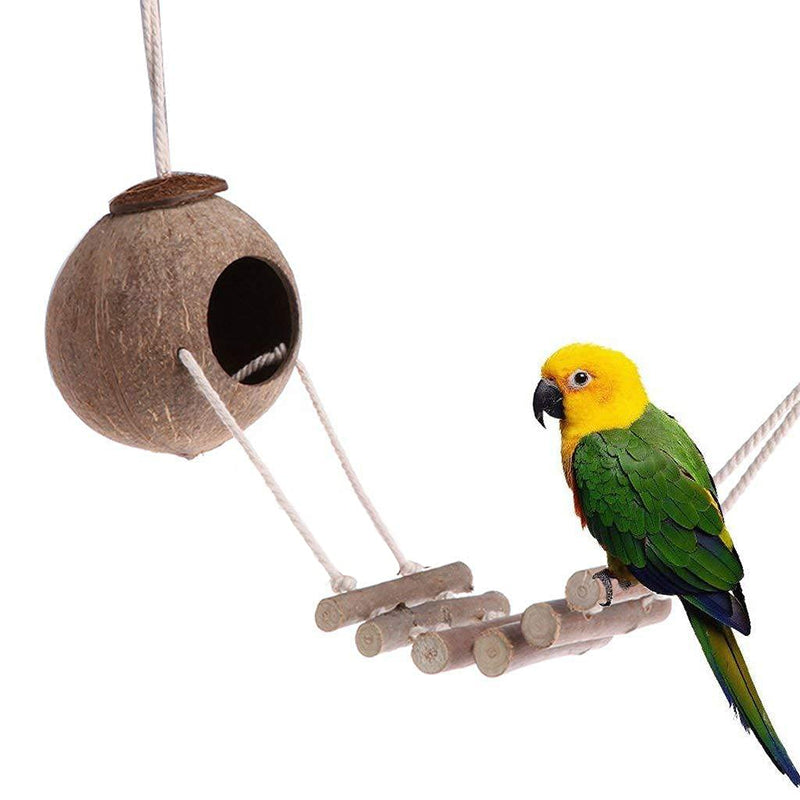 TOLMIOW 9 Pieces Parrots Chewing Natural Wood and Rope Bungee Bird Toy for Anchovies, Coconut Hideaway with Ladder ,Bird Perch Stand, Bird Cage Accessories, Parakeets, Cockatiel, Conure, Mynah, Macow - PawsPlanet Australia