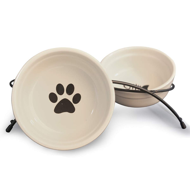 [Australia] - MushroomCat Pet Personalized Cute Feeder Double Ceramic Cat Dog Bowl Dishes Elevated Food and Water Bowls with Metal Raised Antiskid Stand Beige 