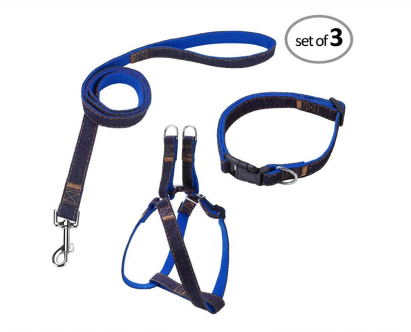 [Australia] - Mengbei tribe Dog Harness Collar and Leash Set, Adjustable Matching Set for Small, Medium and Large Dog, Wear-Resistant Denim Sewing Rope Length 47.2 inches blue 
