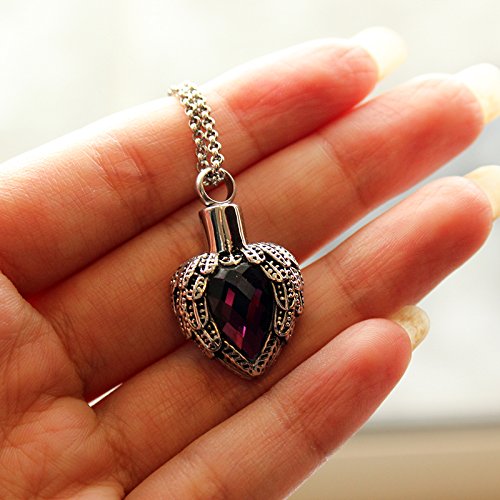 [Australia] - Zahara Memorial Urn Necklace (20 Inches) with Velvet Pouch & Fill Kit | Amethyst Angel Heart Pendant and Chain (Nickel Free) 