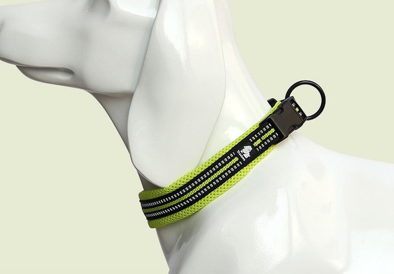 PENTAQ Soft Breathable Strong Nylon Mesh Dog Collar With Night Safety Reflective Stripe, Comfortable Adjustable Padded Collar For Small/Medium/Large Dogs, Green (XS (30-35cm)) - PawsPlanet Australia
