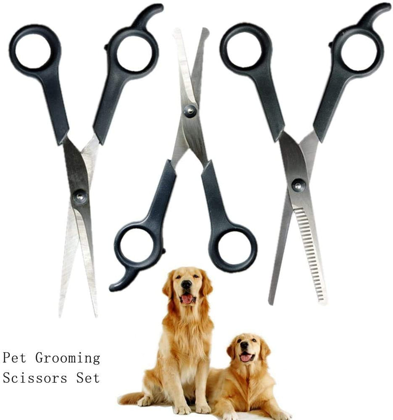 Tencro Pet Grooming Scissor [3-in-1 Set] Dog Scissor Cat Scissor Stainless Steel Trimmer, Body Trimming Sharp Scissor, Safety Rounded Tips Face/Ear/Paw Scissor, Thinning Shears Scissor - PawsPlanet Australia