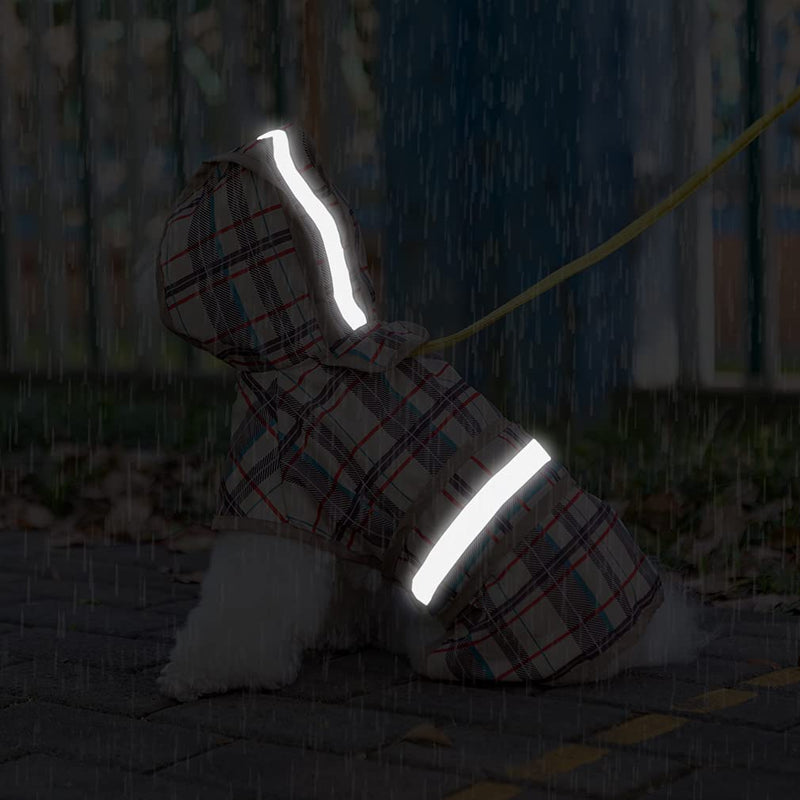 BINGPET Plaid Dog Raincoat - Hooded Waterproof Pet Poncho with Reflective Strap, Lightweight Dog Rain Coat Jacket with Leash Hole, Fit for Small Medium Dogs Beige - PawsPlanet Australia