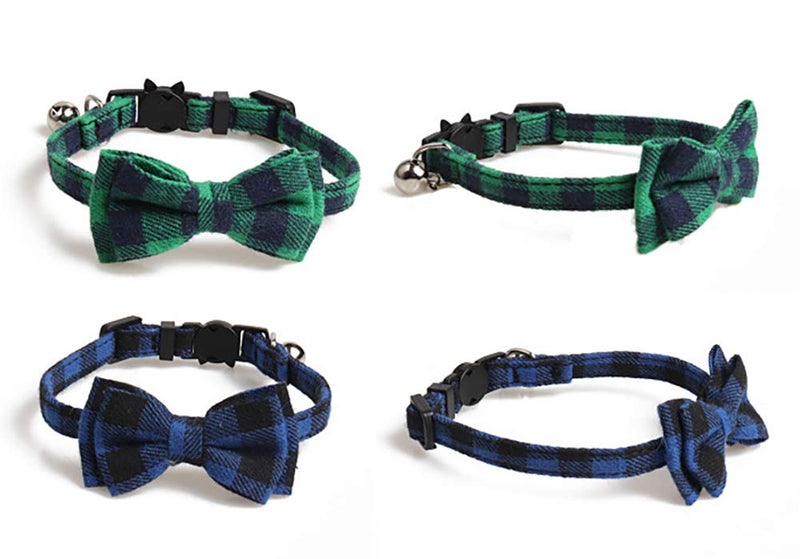 [Australia] - Imikoko Cat Collar Breakaway with Cute Bow Tie and Bell for Kitty Adjustable Safety Plaid 2 Pack/Set (Blue&Green) Blue&Green 