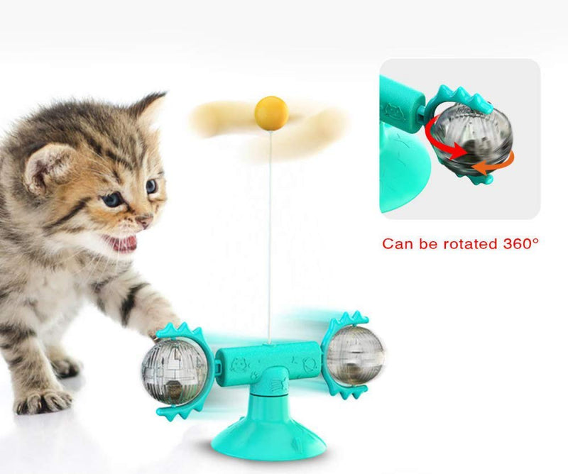 Rotating Windmill Cat Toy , Cat Toys Interactive with Suction Cup Turntable Teasing with Feathers and Catnips Ball - Blue - PawsPlanet Australia