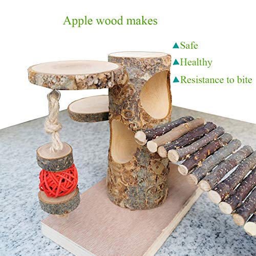 Zakynuye Hamster Natural Wooden Cage Toy Sets, Small Pets Apple Wood Play Ground, Rats Climbing Platform with Wood Bridge/Food Bowl/Tunnel/Ladders, Teeth Care Molar Toys Accessories Style A - PawsPlanet Australia