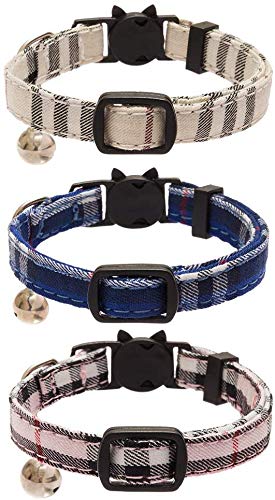 [Australia] - Cholegift Kitty 3 pcs Plaid Collar with Bell-Fit Cats, Classical Plaid, Breakaway Adjustable Collar Pink,Beige,Blue 