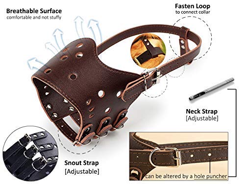 [Australia] - Barkless Dog Muzzle Leather, Comfort Secure Anti-Barking Muzzles for Dog, Breathable and Adjustable, Allows Drinking and Eating, Used with Collars L Brown 