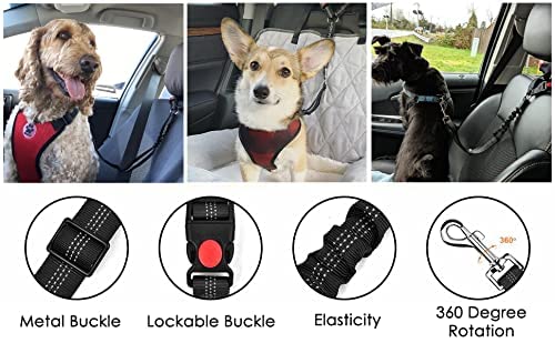 Dog Seat Belts For Cars - Dog Car Harness Adjustable - Headrest Dog Car Seat Belt Restraint Puppy - Elastic Pet Dog SeatBelt harness - Strong Leads Harness for Dogs Cats and Pets (MAIN) (BLACK) BLACK - PawsPlanet Australia
