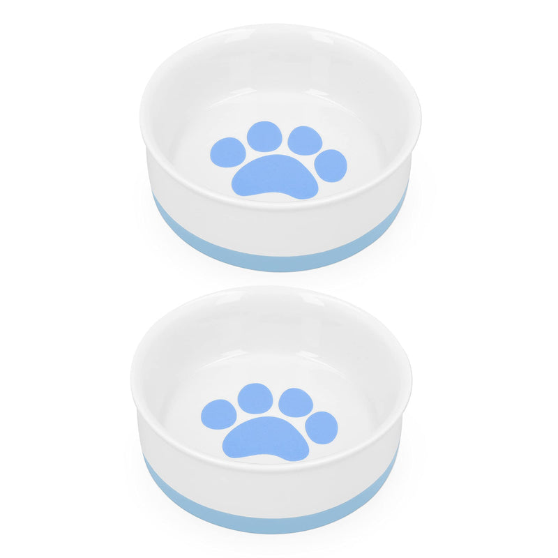 Navaris Porcelain Cat Bowls (Set of 2) - 15cm Food and Water Bowl Dishes for Pet Cats and More - With Non-Slip Silicone Bottom - Blue Paw Design - PawsPlanet Australia