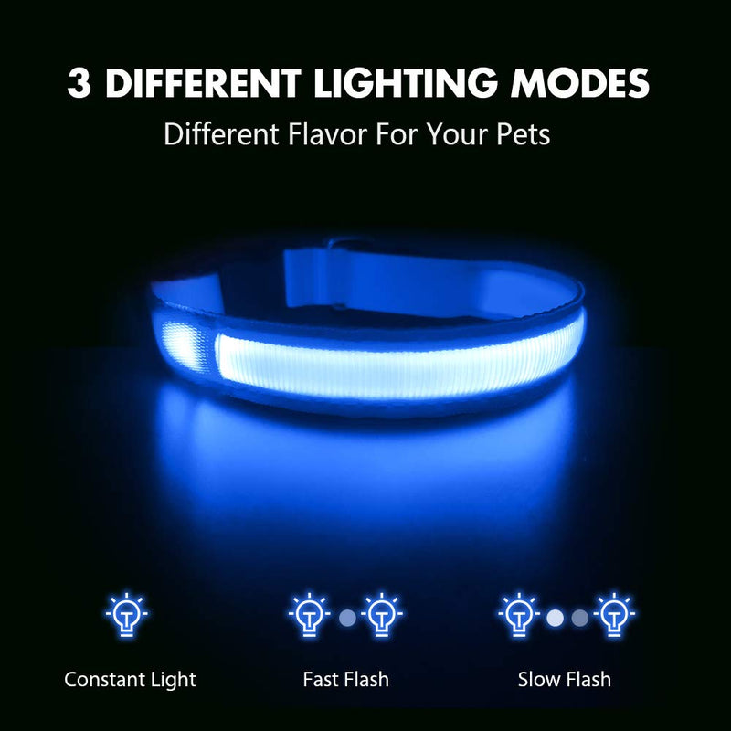 MASBRILL Dog Collar Luminous USB Rechargeable Waterproof LED Light Collar for Small Medium Large Dogs Adjustable Safety Dog Collar with 3 Lighting Modes - Blue - MM(38-50cm/15-19.7inch) Blue(TC5200) - PawsPlanet Australia