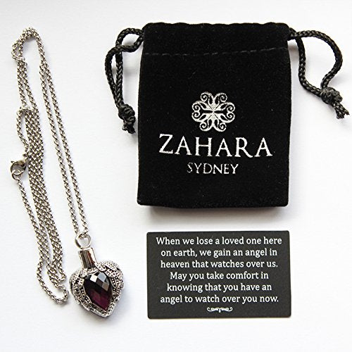 [Australia] - Zahara Memorial Urn Necklace (20 Inches) with Velvet Pouch & Fill Kit | Amethyst Angel Heart Pendant and Chain (Nickel Free) 