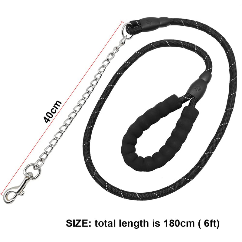 BTINESFUL 6FT Chewproof Dog Leash, Strong Nylon Rope with Anti-Chewing Chain and Padded Handle for Medium Large Dogs Outdoor Training Walking Hiking black - PawsPlanet Australia