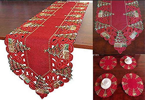 Holiday Christmas Placemat 14" Set of 4 ,Poinsettia Red Cutwork Embroidered Christmas Trees Dresser Scarf Table Topper For Home Dining Xmas Table Top Decoration (Placemat 14" Set of 4, Poinsettia) - PawsPlanet Australia