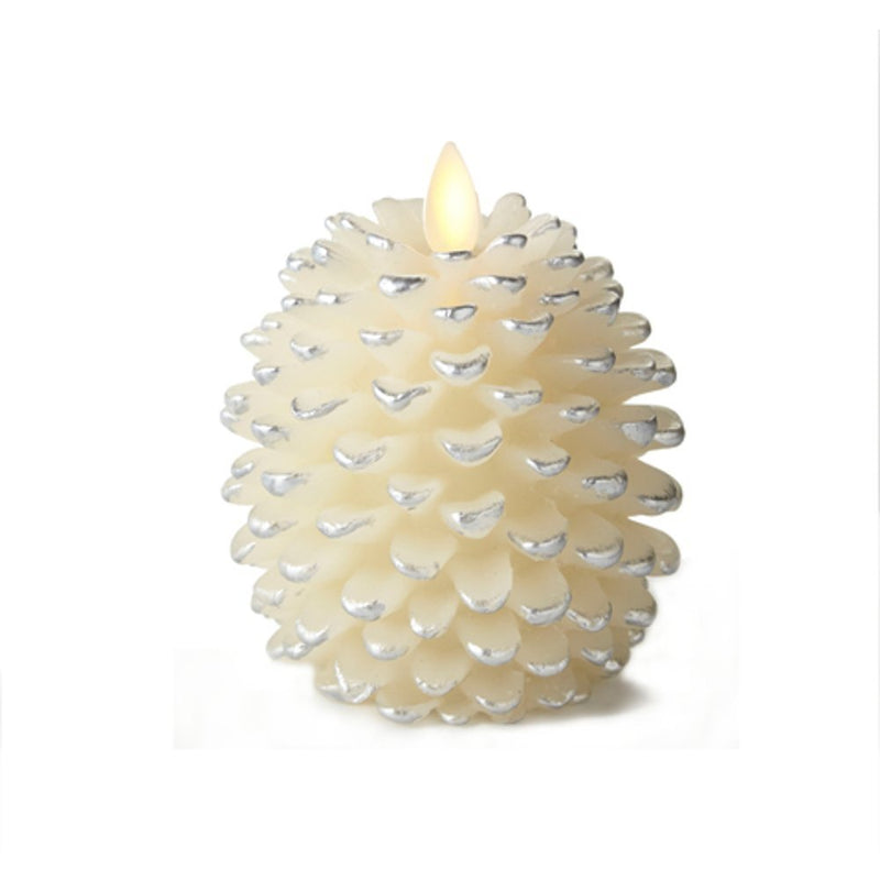 Darice Luminara Flameless Candle - Pine Cone Shape - White with Silver Accents - PawsPlanet Australia