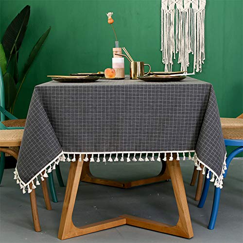 LUC Checkered Tassel Tablecloth Polyester Plaid Dust-Proof Table Cover for Rural Square Home Kitchen Dinning Tabletop Decoration，Party Christmas (Rectangle/Oblong, 55 x 70 Inch, Dark Gray(4-6 Seats) 55x70 - PawsPlanet Australia