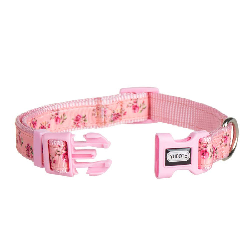 YUDOTE Adjustable Pink Nylon Dog Collar Small with Floral Patterned Ribbon for Puppies Active Female Dogs Neck 25-38cm S (Pack of 1) Floral Pink - PawsPlanet Australia