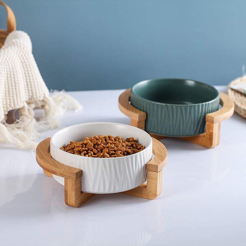 HCHLQLZ Green 5 inch Ceramic Cat Bowl with Wood Stand No Spill Pet Food Water Feeder Cats Small Dogs - PawsPlanet Australia