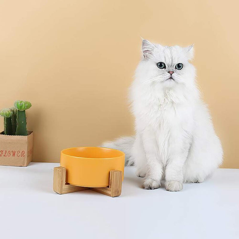 [Australia] - llkajes Ceramic Raised Cat Bowl Food Water Dog Basic Bowl with Anti-Slip Wooden Stand Protect Neck Joints Pet Feeding Bowls Easy to Clean Healthy Eating Yellow 